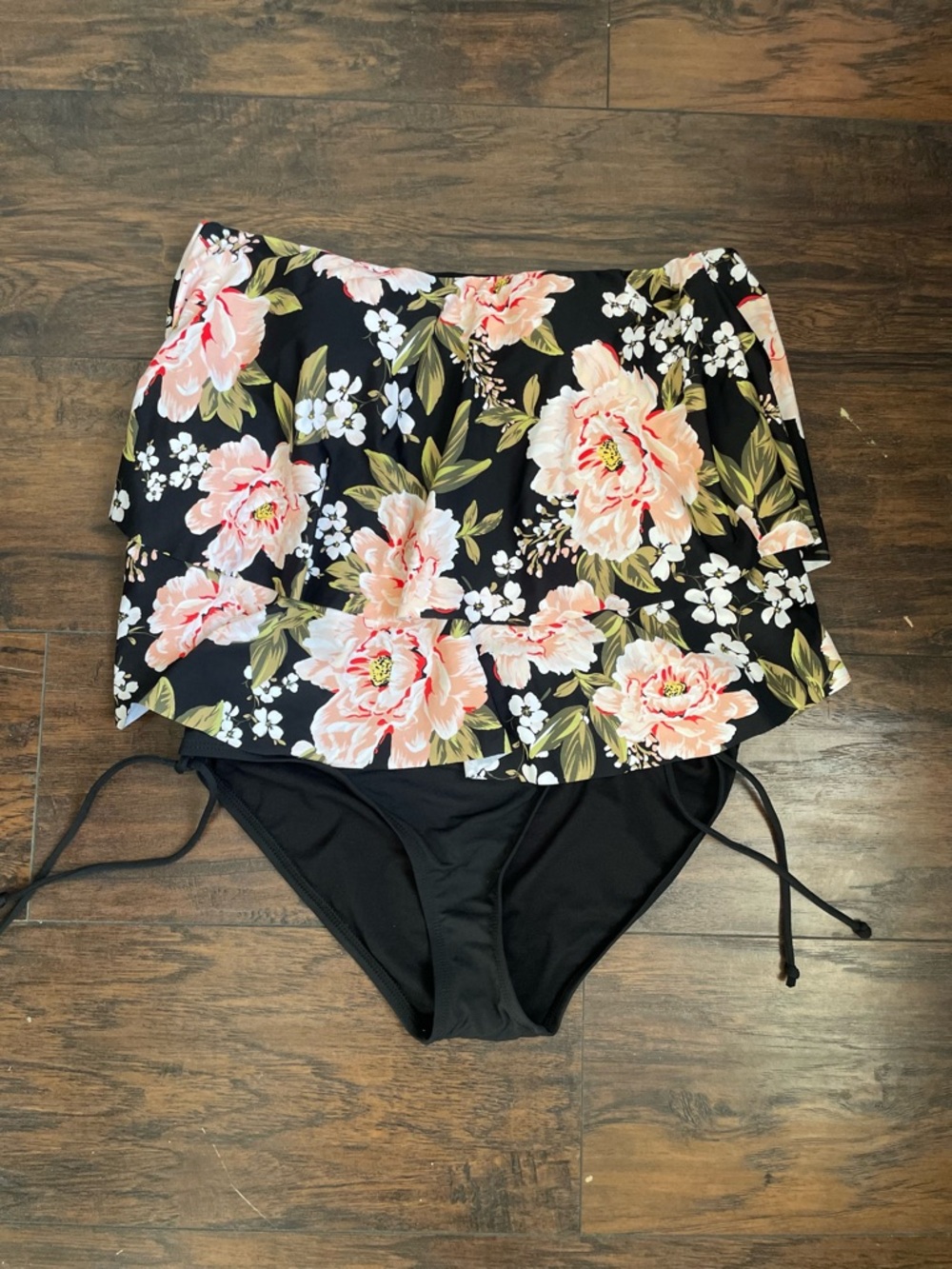 Black Floral Tankini Set with Pink Peony Print
